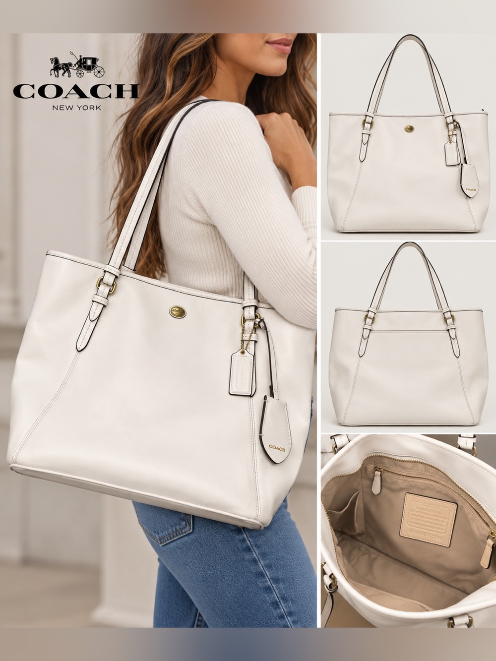 Coach F27349 White Genuine Leather Large Tote Shoulder Bag